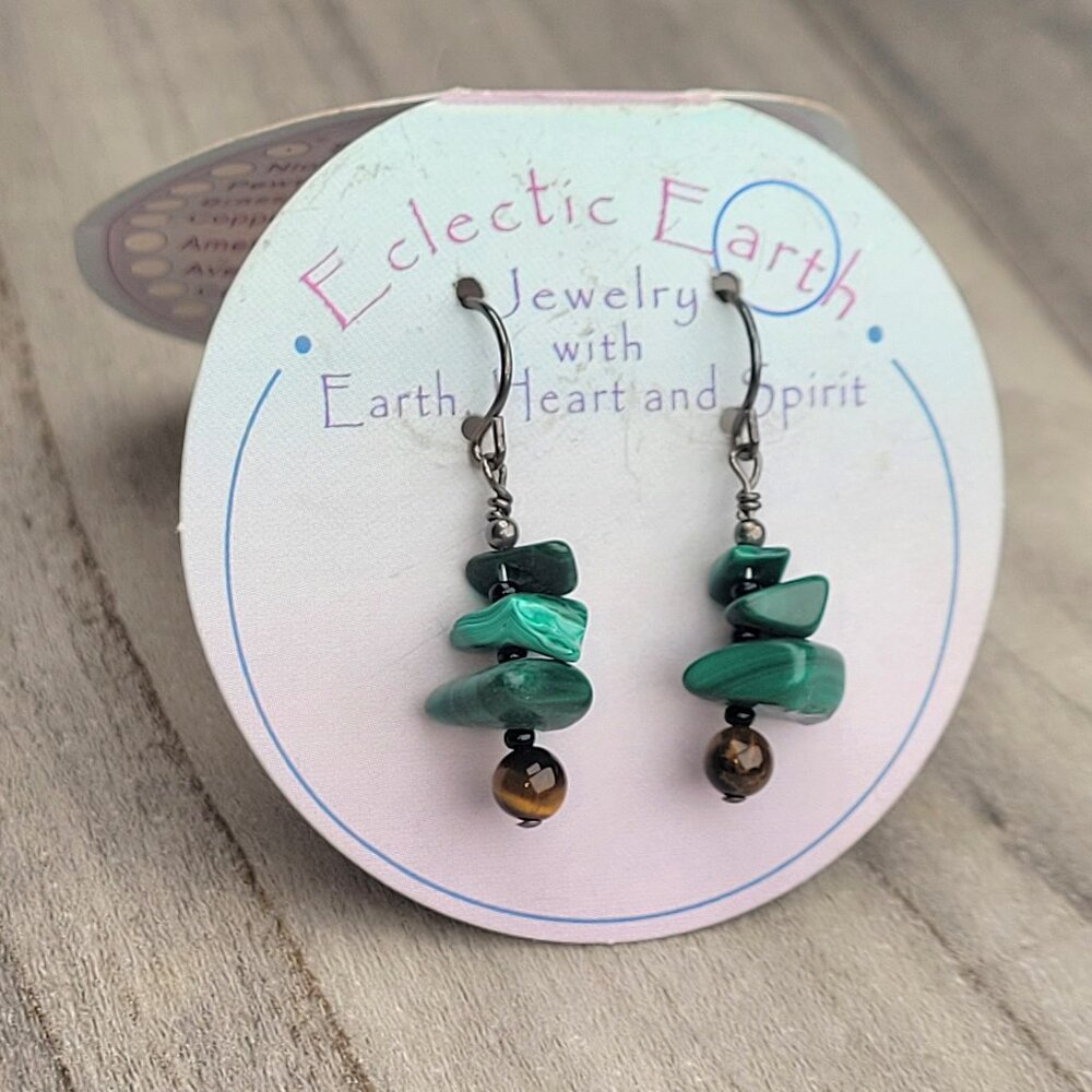 Eclectic Earth Sterling Malachite Dangle Earrings 1.5"